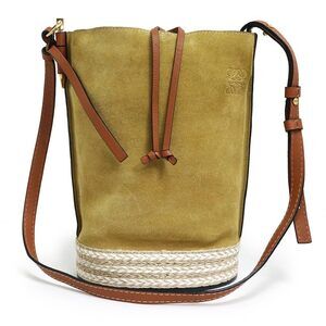 LOEWE Gate Bucket Shoulder Bag Crossbody Raffia Bicolor Khaki Green Beige